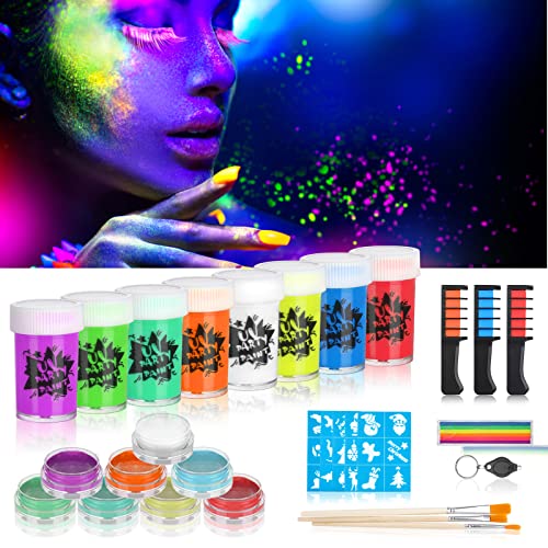 Creamify Pintura Corporal-Pinturas Cara y Corporales,Pintura Fluorescente de neón,con 8*Pintura Corporal UV de, 8*Pintura Facial de,3*Tiza para el Cabello,3* Pinceles de Pintura para Fiestas