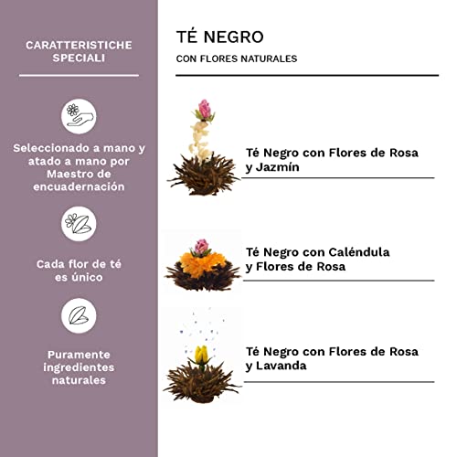 Creano - Un Mix de Té de Flor - "Flower Tea" Set de Regalo con Jarra de Cristal | Té negro (6 Rosas de té, 3 Tipos diferentes) té que florece en forma de flor