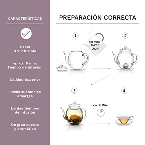 Creano - Un Mix de Té de Flor - "Flower Tea" Set de Regalo con Jarra de Cristal | Té negro (6 Rosas de té, 3 Tipos diferentes) té que florece en forma de flor