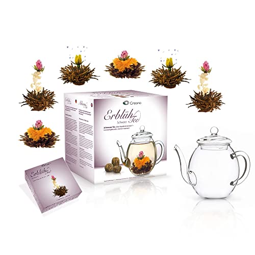 Creano - Un Mix de Té de Flor - "Flower Tea" Set de Regalo con Jarra de Cristal | Té negro (6 Rosas de té, 3 Tipos diferentes) té que florece en forma de flor