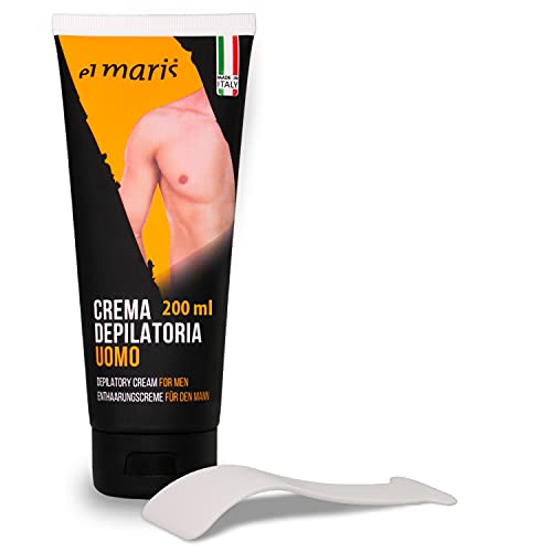 Crema depilatoria para hombre ultrarrápida y lenitiva, con Manteca de Karité y Bisabolol. Depilación de las partes íntimas, pecho, espalda, piernas, brazos. Tubo de 200ml