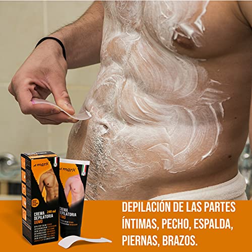 Crema depilatoria para hombre ultrarrápida y lenitiva, con Manteca de Karité y Bisabolol. Depilación de las partes íntimas, pecho, espalda, piernas, brazos. Tubo de 200ml