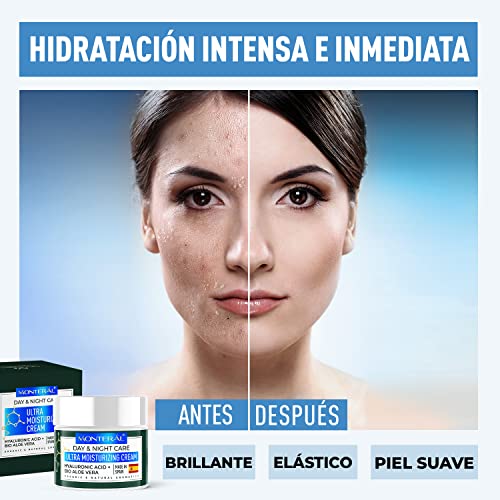 Crema Facial de Acido Hialurónico Puro Hecho en España - Vegana Crema Hidratante para Mujer y Hombre - BIO Crema Antiarrugas y Contorno Ojos con Aloe Vera y Vitamina E para Día y Noche - MONTERAL