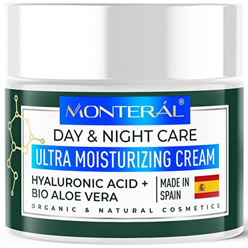 Crema Facial de Acido Hialurónico Puro Hecho en España - Vegana Crema Hidratante para Mujer y Hombre - BIO Crema Antiarrugas y Contorno Ojos con Aloe Vera y Vitamina E para Día y Noche - MONTERAL