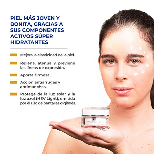 Crema hidratante antiarrugas con ácido hialurónico, vitamina C, colágeno marino y protección solar SPF30 + luz azul. Tratamiento antiedad día/noche, antimanchas y reafirmante hombre/mujer