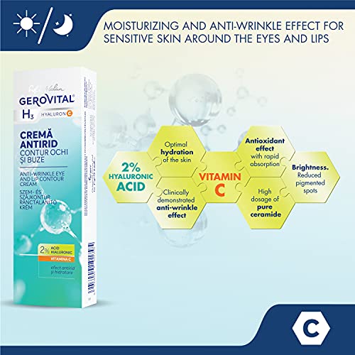 Crema Hidratante Antiarrugas Contorno de Ojos y Labios, con 2% de Ácido Hialurónico y Vitamina C, Reduce Significativamente las Líneas de Expresión, Gerovital H3 Hyaluron C