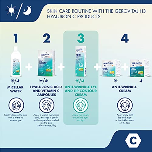 Crema Hidratante Antiarrugas Contorno de Ojos y Labios, con 2% de Ácido Hialurónico y Vitamina C, Reduce Significativamente las Líneas de Expresión, Gerovital H3 Hyaluron C