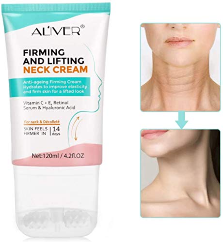 Crema reafirmante de cuello con masaje de rodillos 2 en 1, crema hidratante antienvejecimiento para cuello y escote, antiarrugas de la120 ml