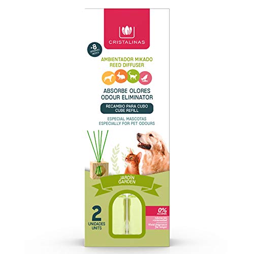 CRISTALINAS. Recambios Ambientador & Absorbe Olor Mikado para Mascotas. 0% Alcohol. Mas de 4+4 semanas de duracion. 2x30 ml. Aroma (Jardín) (Pack Dúo)