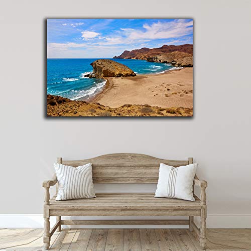 Cuadro lienzo canvas Playa de Monsul cala en Almeria Andalucia España Mar Mediterraneo Cabo de Gata – Varias medidas - Lienzo de tela bastidor de madera de 3 cm - Impresion en alta resolucion (80, 53)