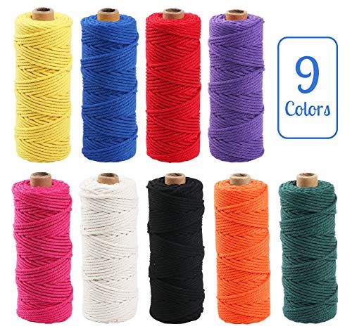 Cuerda de Algodón Natural de Color de 3mm x 450M, 9 Rollos de Hilo de Algodón Macramé para DIY y Tejido