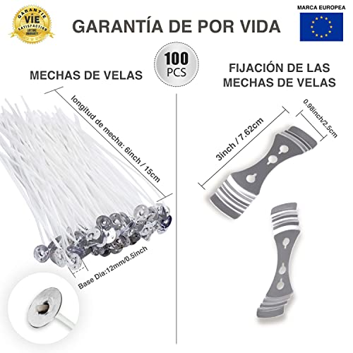 CZ Store Juego de Mechas para Velas |Pack de 100|15CM|✮GARANTÍA POR VIDA✮- Algodón Orgánico Natural, Pre Encerado con Cera de Soja - Duradero, Limpio, Sin Humo Negro - Guía Fabricación de Velas