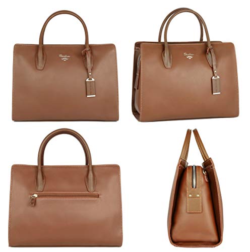 David Jones - Bolso de Mano Grande Mujer - Señora Tote Shopper Piel Cuero PU - Bolsos de Hombro Bandolera Múltiples Bolsillos - Trabajo Moda Asa Superior - Marrón Camel