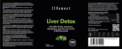 Detox Hígado, 180 Cápsulas, con Cardo Mariano, Alcachofa, Diente de León, Acerola, Cúrcuma y Bioflavonoides | Depurativo, antioxidante, mejora la digestión | Natural, Vegano, No-GMO | de Zenement