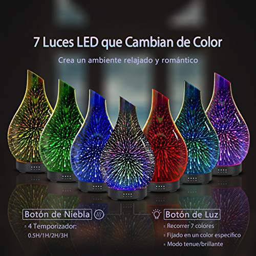 Difusor de aceite esencial 120ML Aroma Humidificador ultrasónico 7 Luces nocturnas que cambian de color con vidrio para la oficina de yoga en casana de yoga en casa