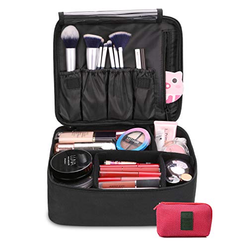 DIMJ Neceser Maquillaje, Bolsa de Maquillaje Ligera con Divisores Bolsillos Profesional Organizador de Maquillaje Bolso de Cosméticos de Viaje con Bolsa de Cable USB (Negro)