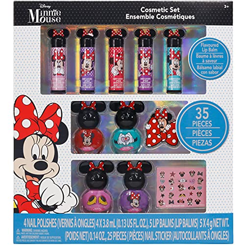 Disney Minnie Mouse - Townley Girl Juego de maquillaje cosmético brillante para niñas con bálsamo labial, pegatinas para esmalte de uñas, 35 piezas por encima de 3 años