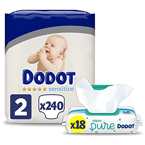 Dodot Pañales Bebé Sensitive Talla 2 (4-8 kg), 240 Pañales + Toallitas Aqua Pure, 99% Agua, 18 Paquetes (18x48), Máxima Protección de la Piel de Dodot