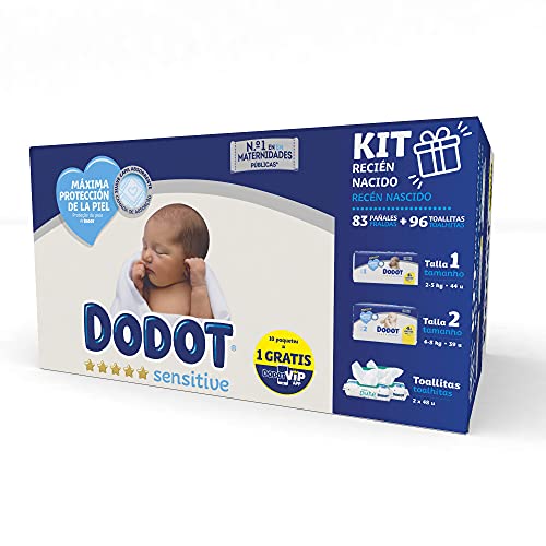 Dodot Sensitive Kit Recién Nacido: 44 pañales Talla 1 (2-5 Kg) + 39 pañales Talla 2 (4-8 Kg) + 96 toallitas Aqua Pure