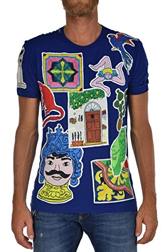 Dolce & Gabbana Camiseta de hombre azul de algodón con cuello redondo y parche con logo Talla IT44 azul claro 44