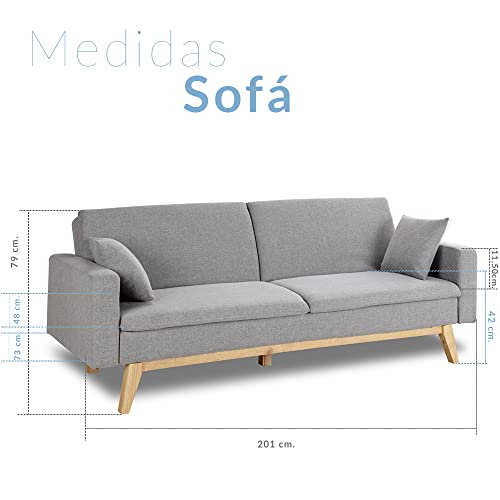 Don Descanso, Sofá Cama 3 plazas Reine, Tapizado en Tela, Color Gris Claro, Sistema Apertura de Libro o Clic-clac, Medida sofá: 201x73x79 cm, Medida Cama: 201x99x42 cm, Incluye 2 Cojines