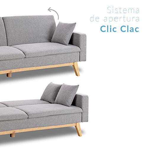 Don Descanso, Sofá Cama 3 plazas Reine, Tapizado en Tela, Color Gris Claro, Sistema Apertura de Libro o Clic-clac, Medida sofá: 201x73x79 cm, Medida Cama: 201x99x42 cm, Incluye 2 Cojines