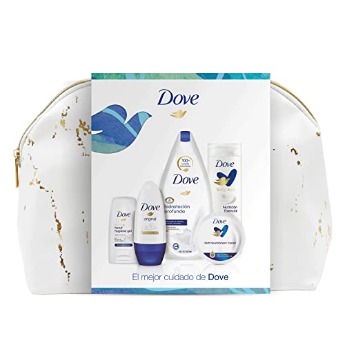 Dove Neceser Mujer Set de Baño con Bolsa de Aseo Gel de Ducha Hidratación Profunda + Loción Corporal Nutrición Esencial + Desodorante Antitranspirante Roll On + Gel Hidroalcohólico + Tarro Crema