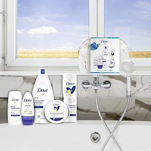 Dove Neceser Mujer Set de Baño con Bolsa de Aseo Gel de Ducha Hidratación Profunda + Loción Corporal Nutrición Esencial + Desodorante Antitranspirante Roll On + Gel Hidroalcohólico + Tarro Crema