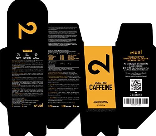 DUAL Pro CAFFEINE | Cafeína 100% Pura Certificada por Laboratorio | 120 Pastillas De Cafeína De Dosis Alta | Sin Aditivos Adicionales, Vegano y Sin Gluten | Suministro De 4 Meses | Hecho En la UE