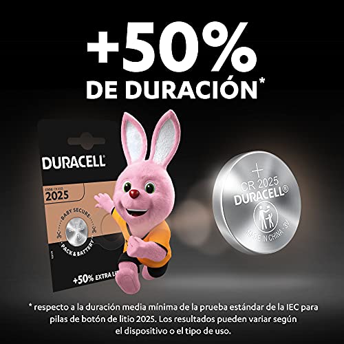 Duracell - Pilas de botón de litio 2025 de 3 V, paquete de 2, con Tecnología Baby Secure, para uso en llaves con sensor magnético, básculas, elementos vestibles, dispositivos médicos (DL2025/CR2025)