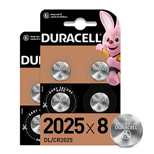 Duracell Pilas de botón de litio 2025 de 3 V, paquete de 8, con Tecnología Baby Secure, para uso en llaves con sensor magnético, básculas, elementos vestibles, Exclusivo de Amazon