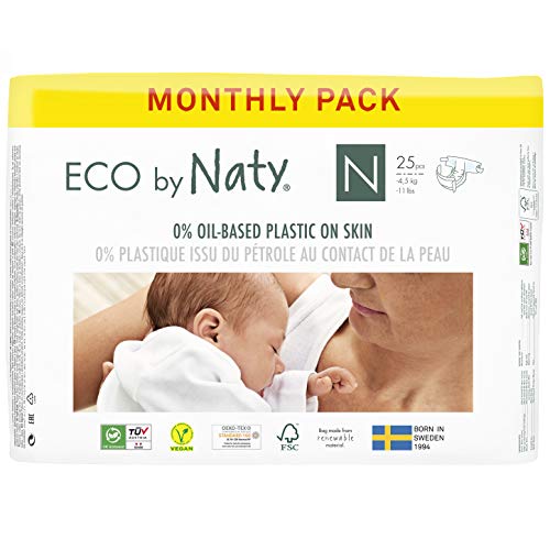 Eco by Naty 8178341, Pañal Ecológico Premium Hecho a Base de Fibras Vegetales, Talla Recién Nacido, 100 Pañales, - 4.5 kg