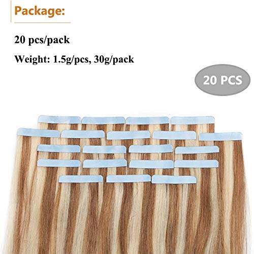 Elailite Extensiones Adhesivas Pelo Natural sin Clip 20 Mechas Cabello Humano Largo 20cm 30g #12P613 Castaño Dorado Mecha Rubio Muy Claro