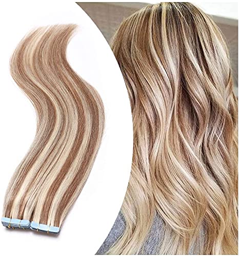 Elailite Extensiones Adhesivas Pelo Natural sin Clip 20 Mechas Cabello Humano Largo 20cm 30g #12P613 Castaño Dorado Mecha Rubio Muy Claro