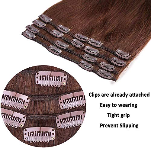 Elailite Extensiones de Clip de Pelo Natural Dibujo Doble (Consejos Completos) 8 Piezas Largas 25cm 70g Cabello Humano #04 Marron Medio