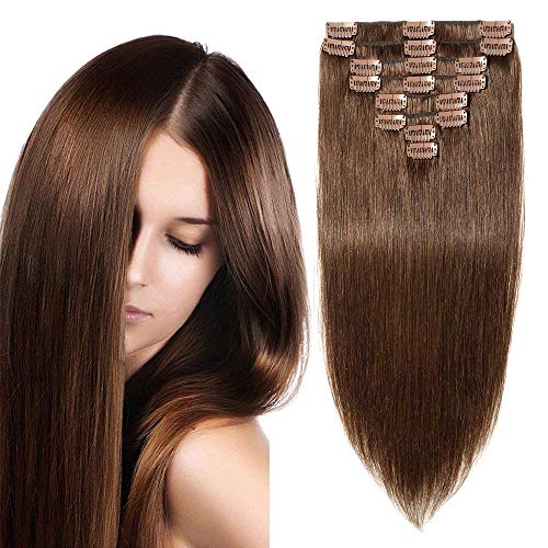 Elailite Extensiones de Clip de Pelo Natural Dibujo Doble (Consejos Completos) 8 Piezas Largas 25cm 70g Cabello Humano #04 Marron Medio