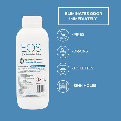 EOS - (1 L) Líquido de bajantes - Eliminador olores de tuberías y desagues, etc. Actúa como ambientador wc de desague y está especializado en eliminar mal olor tuberias. Quita malos olores.