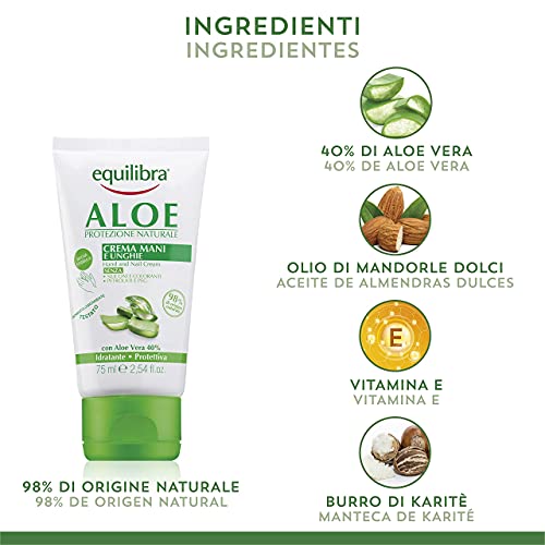 Equilibra Cuidado Corporal, Crema de Manos y Uñas a Base de Aloe Vera con Acción Hidratante, Calmante, Protectora y Reequilibrante de la Piel, Rápida Absorción, 75 ml