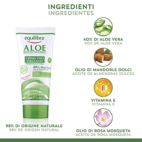 Equilibra Cuidado Facial, Crema Hidratante Facial Calmante a Base de Aloe Vera para Pieles Sensibles, Delicada, Protectora, Rápida Absorción, Fórmula no Grasa, 75 ml