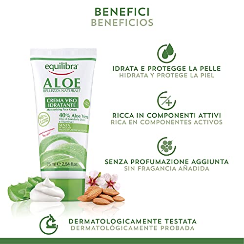 Equilibra Cuidado Facial, Crema Hidratante Facial Calmante a Base de Aloe Vera para Pieles Sensibles, Delicada, Protectora, Rápida Absorción, Fórmula no Grasa, 75 ml