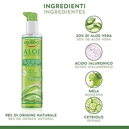 Equilibra Cuidado Facial, Gel Micelar Limpiador a Base de Aloe Vera para Pieles Sensibles, Desmaquillante Facial, Elimina el Maquillaje y las Impurezas, Hidrata y Tonifica, 200 ml