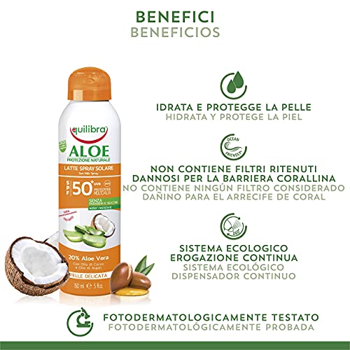 Equilibra Protector Solar, Spray Leche Solar Spf 50+ con Aloe Vera, Aceite de Coco y de Argán y Vitamina E, Pieles Delicadas, Protege del Eritema y del Fotoenvejecimiento, Resistente al Agua, 150 ml