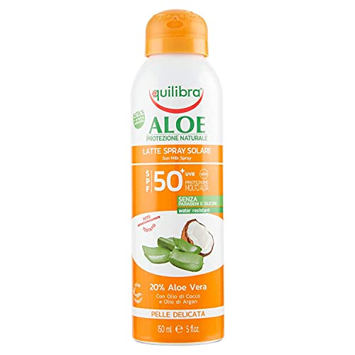 Equilibra Protector Solar, Spray Leche Solar Spf 50+ con Aloe Vera, Aceite de Coco y de Argán y Vitamina E, Pieles Delicadas, Protege del Eritema y del Fotoenvejecimiento, Resistente al Agua, 150 ml