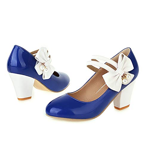 ErikenUrben Mujer Dulce Mary Jane Zapatos Tacon Ancho Zapatos Lolita Zapatos Hook and Loop Spring Zapatos with Bow Blue Size 43 Asiático