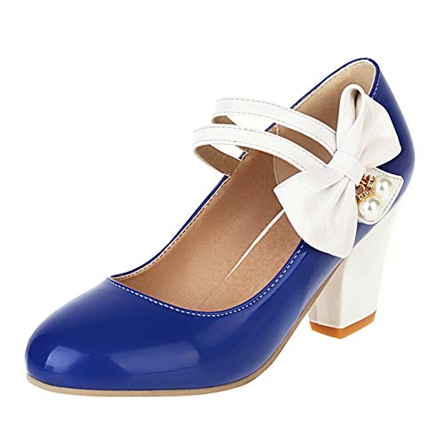 ErikenUrben Mujer Dulce Mary Jane Zapatos Tacon Ancho Zapatos Lolita Zapatos Hook and Loop Spring Zapatos with Bow Blue Size 43 Asiático