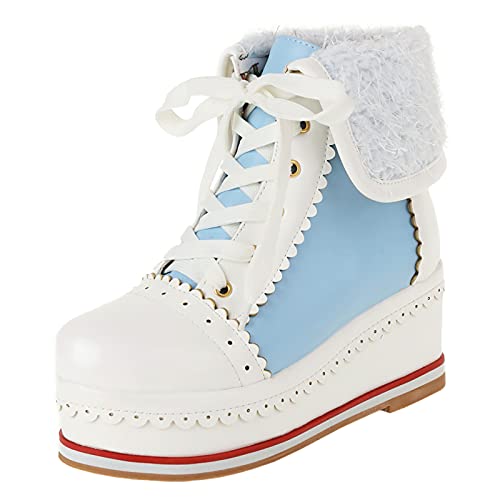 ErikenUrben Mujer Sweet Botas Con Cordones Tacon De Cuña Plataforma Thick Sole Lolita Zapatos Casual Lightweight Brogue Sneakers Blue Talla 33 Asiático