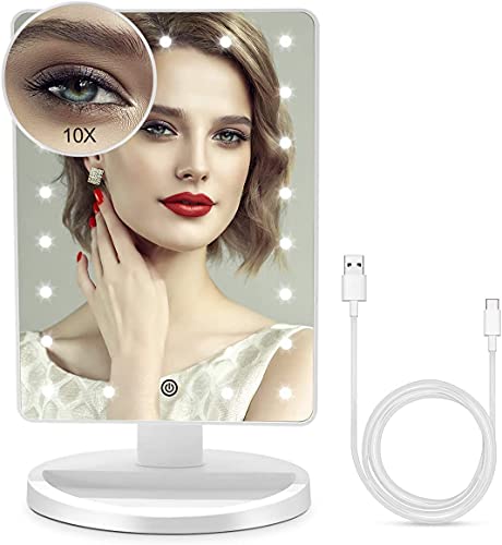 Espejo Maquillaje con Luz LED Aumento 1X/10X, Espejo Cosmético Iluminado de Mesa,180 Rotación, Brillo Adjustable Espejo de Tocador Portátil (Blanco)