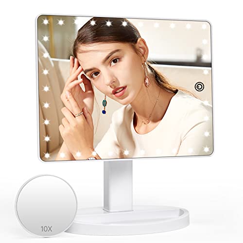 Espejo Maquillaje Grande, FUNTOUCH Espejo Maquillaje con Luz 35 LED, Espejo Maquillaje con Aumento de 1X/10X, Pantalla Táctil, Espejo Cosmético de 360°Rotación (Blanco)