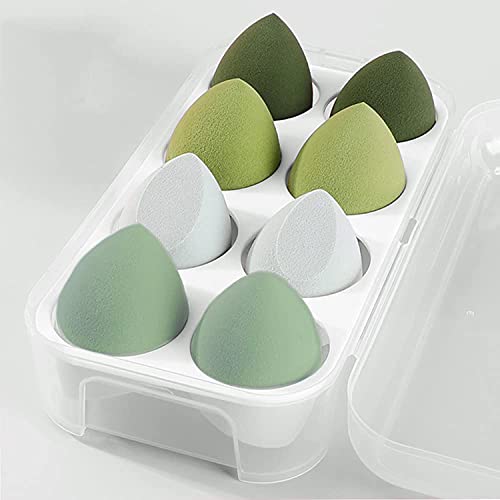 Esponja de Maquillaje, 8 Piezas Poliuretano Esponja Maquillaje Beauty Blender, Sin Látex, Forma de Lágrima, con 1 Soporte, Uso Húmedo y Seco, para Cremas, Polvo, Corrector, Sombra Ojos(Verde)