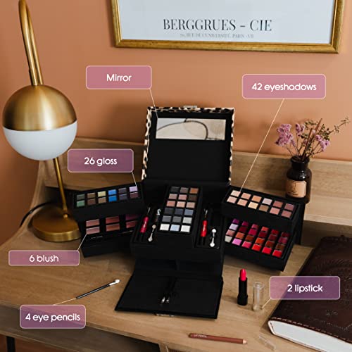 Estuche de maquillaje y paleta para mujeres | 87 piezas: rubor, sombra de ojos, lápiz labial, lápices de ojos | Estuche de almacenamiento | Organizador | Idea de caja de regalo de belleza | ESENCIAL